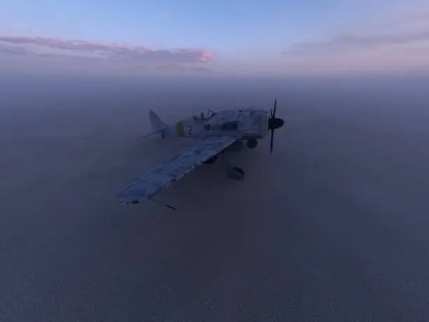 Worldwar two fighter airplane in a misty desolate desert at dusk. 3D render.