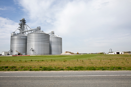 Group of large grain dryers, modern grain silo. Agriculture concept