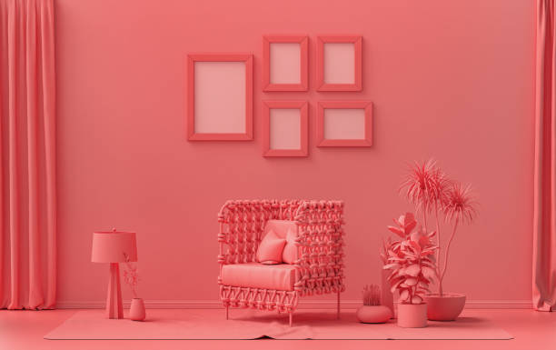 istock Flat color interior room for poster showcase with 5 frames, monochrome light pink gallery wall 1394484074