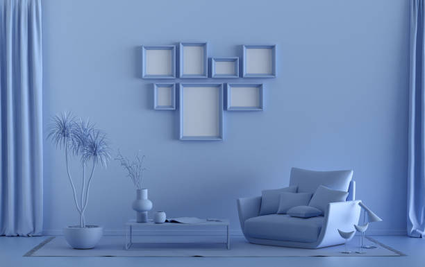 istock Mock-up poster gallery wall with 7 frames in solid pastel light blue room 1394484884