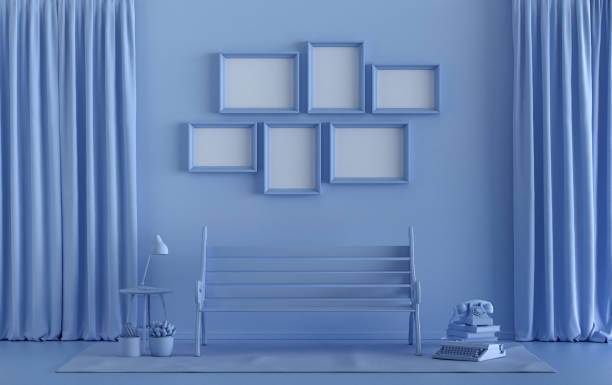 istock Poster frame background room in flat blue color with 6 frames and a park bench on the wall, poster frame mock-up 1394485204
