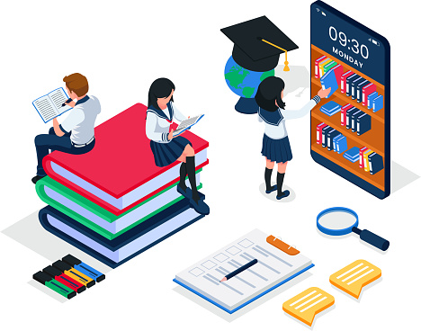A group of students are actively studying online, isometric online library illustration concept. Group of people reading book and sit on big books composition. Vector
