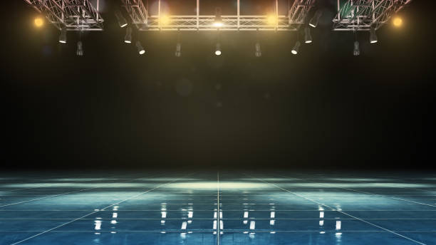 istock Blu marble floor. Stage with spotlights white and yellow light. Empty beautiful background. Background for product demonstration or mockup 1394487209