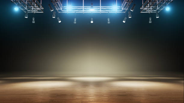 istock Beautiful empty background. Parquet flooring. Stage with blue spotlights. Studio light. For product demonstration or mockup. Isolated. 3d 1394487287