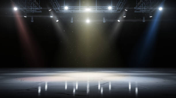 istock Marble floor. Stage with spotlights. Empty space background. White marble. Realistic marble and light on dark background. Dark background. 3d 1394487893