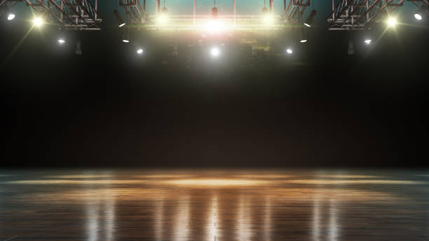 istock laminate flooring. Stage with spotlights. Empty beautiful background. Isolated. For product demonstration or mockup. 3d 1394487924