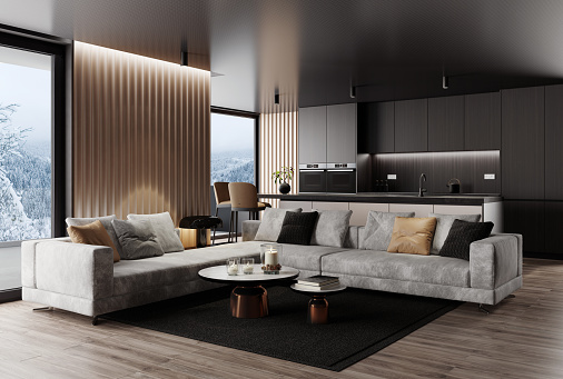 Luxury apartment with living room interior and modern minimalist kitchen with big kitchen island and stools.
Italian style interior design. 3d rendering. Winter scene background.