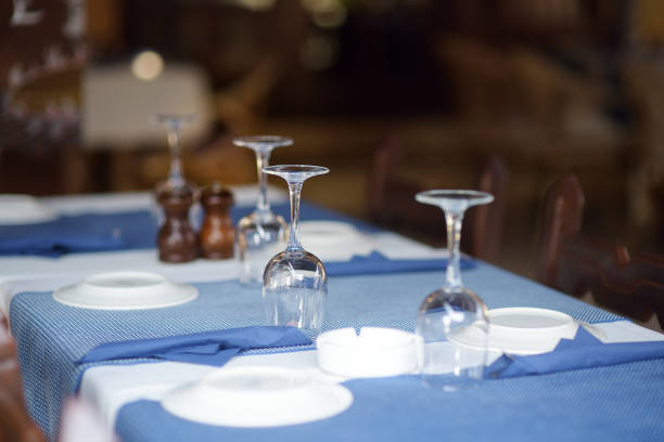 Table set in stylish outdoor cafe. Catering.