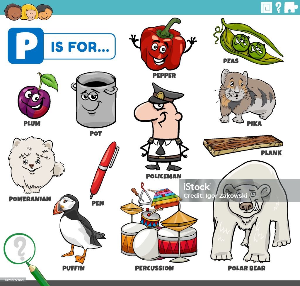 Letter P Words Educational Set With Cartoon Characters Stock ...