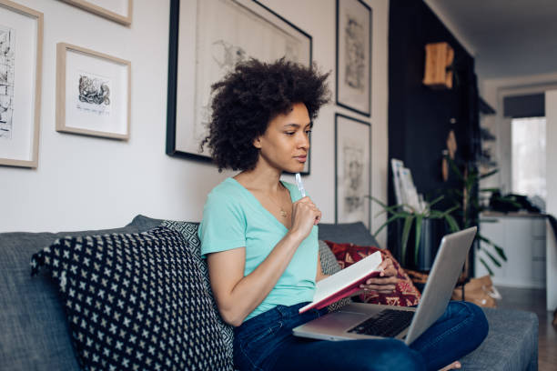 istock Young African American freelancer is making business strategy at home 1394500236