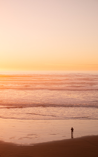 A setting sun just over the horizon paints the sky and waves alike with a breathtaking pink and orange. The repeating lines of the surf can be seen all the way to the horizon. A lone person, small in the frame, stands at the waters edge taking in the beautiful scene.