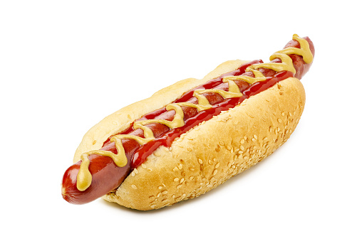 Delicious hot dog with ketchup and mustard isolated on white background. Clipping path included