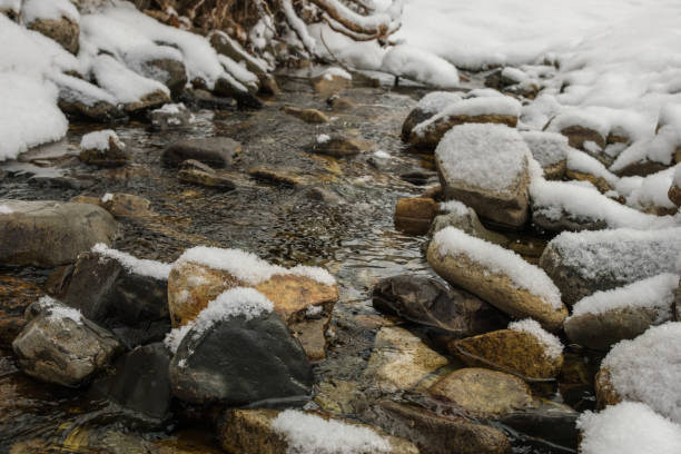 istock A stream in the snow in winter. 1394501688