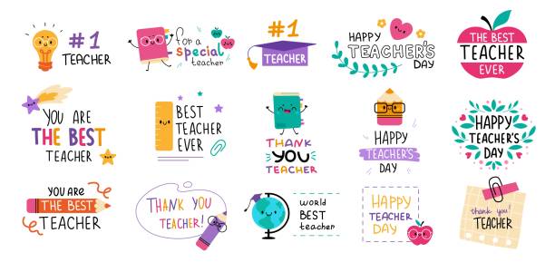 Happy Teachers Day abstract concept Happy Teachers Day abstract concept. Set of cute greeting cards with pencils, books, globe, light bulb and inscription. Best teacher ever. Cartoon flat vector collection isolated on white background teacher stock illustrations
