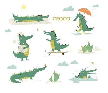 Cute Crocodiles in Different Situations Set. Alligator rides skateboard, washes in bathroom, walks with umbrella and sunbathes on beach.. Cartoon flat vector collection isolated on white background