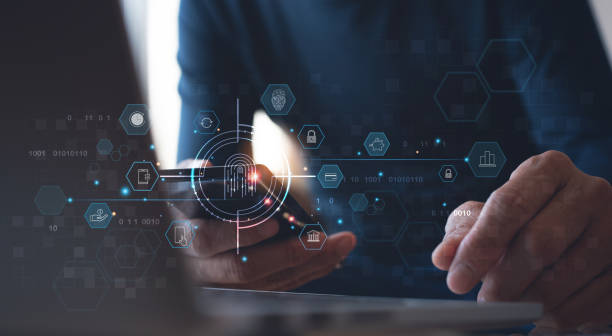 istock Man using mobile phone app for online banking and digital payment with fingerprint id, personal data protection. Financial technology and internet networking, cyber security 1394504255