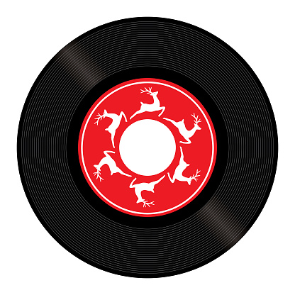 Vector illustration of a 45rpm record with a  white reindeer on the red label.