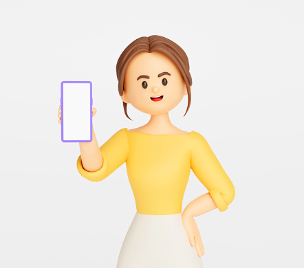 Businesswoman character holding smartphone and showing blank screen cartoon on white background 3d illustration rendering