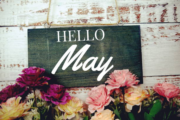 istock Hello May typography text decorate with flower on wooden background 1394520430