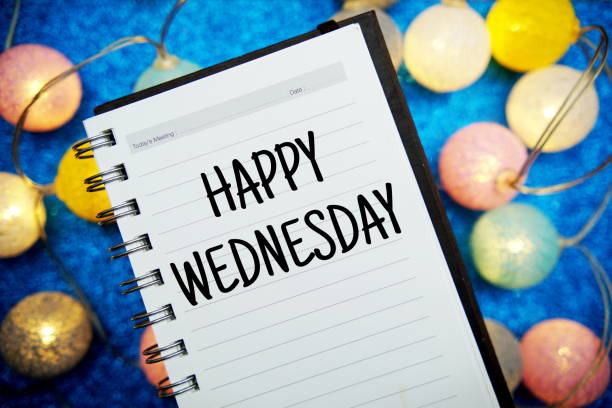 istock Happy Wednesday text notepad mockup and LED cotton balls decoration on blue bokeh background 1394520547