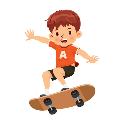 Happy smiling boy has a good time riding on a skateboard. Vector illustration