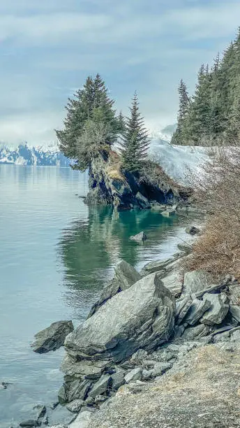 Beauty can be seen along the shores of Prince William Sound. The various rocks, fauna, and the melting snow mingle together to make the view from the shore stunning.