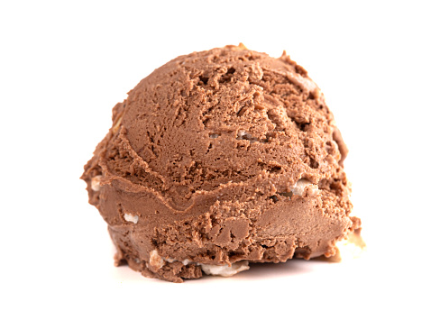 A Single Scoop of Rocky Road Ice Cream Isolated on a White Background