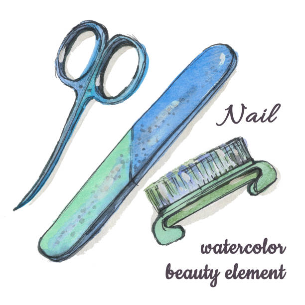istock Manicure nail polish scissors, file and brush Watercolor on white background 1394524598