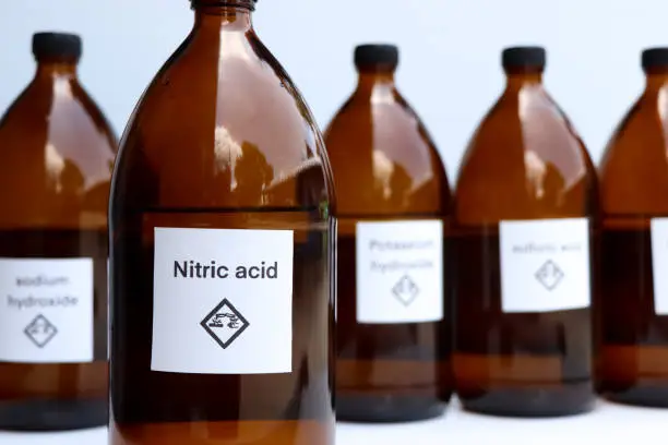 Photo of Nitric acid in bottle, chemical in the laboratory