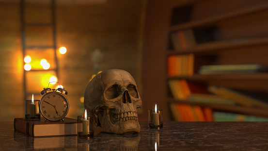 Still life with human skull vintage antique Bell Clock, candle, glass and old book, 3d rendering