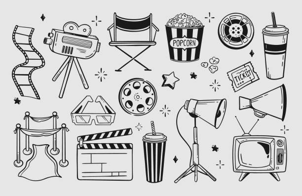 Movie theater set of elements hand-drawn with a line for festivals and holidays Vector illustration in the style of a doodle isolated on a gray background Movie theater set of elements hand-drawn with a line for festivals and holidays Vector illustration in the style of a doodle isolated on a gray cinematography stock illustrations