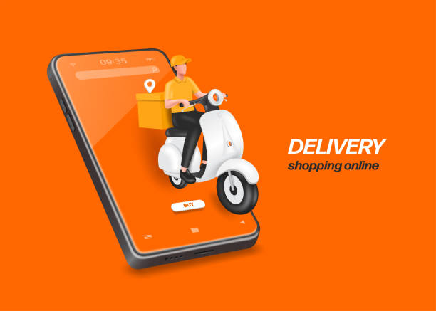 männlicher essenslieferant in gelber uniform sitzt auf roller oder motorrad mit einer box - lieferant stock-grafiken, -clipart, -cartoons und -symbole