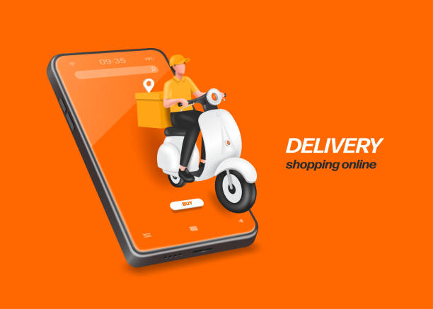 male food delivery man in yellow uniform sits on scooter or motorcycle with a box - kurye stock illustrations