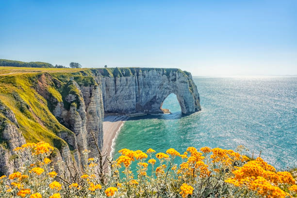 Etretat, cliffs and beach in Normandy, France stock photo