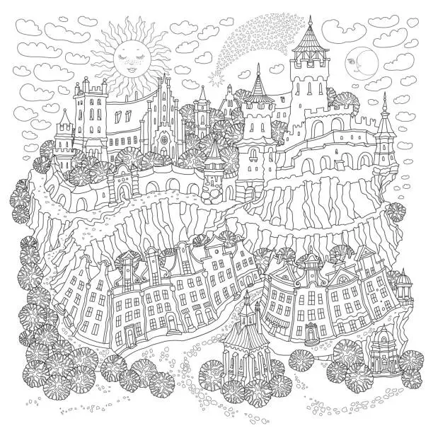 Vector illustration of Vector contour fantasy landscape, fairy tale small town street, medieval castle on the hill. Black and white Adults and Children Coloring Book page