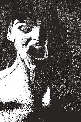 Stipple illustration of a Scary woman monster screaming