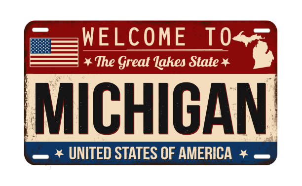 ミシガン州ヴィンテージの錆びたナンバープレートへようこそ - michigan点のイラスト素材／クリップアート素材／マンガ素材／アイコン素材