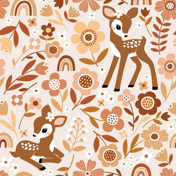 ilustrações, clipart, desenhos animados e ícones de fofo vintage fawn com flores e arco-íris. - cria de enho