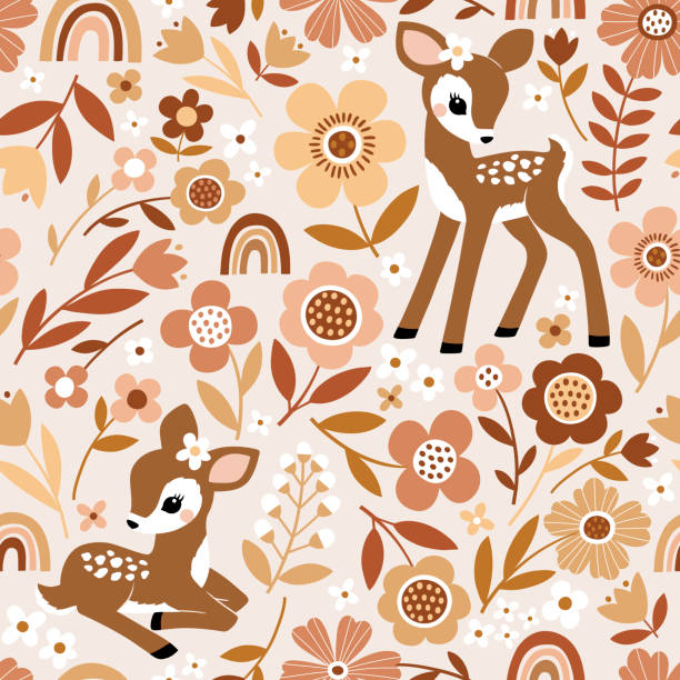 Cute vintage fawn with flowers and rainbows. Seamless vector pattern. Hand drawn illustration. Perfect for textile, wallpaper or print design. fawn stock illustrations