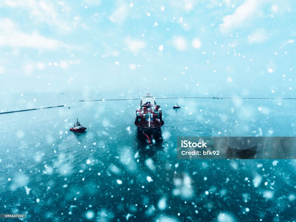 Snowing Container Port Aerial View Of Container Freight Ship In Transit Stock Photo - Download ...