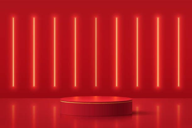 istock Realistic dark red 3D cylinder pedestal podium with glowing vertical neon lamps scene. Minimal scene for products showcase, Promotion display. Abstract room geometric forms. Happy lantern day concept. 1394543596