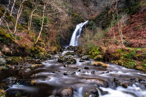 cachoeira da cauda de grey mare e queima no inverno, galloway forest park, escócia - galloway - fotografias e filmes do acervo