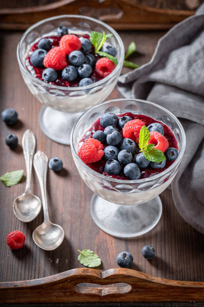 istock Cold and sweet Panna Cotta with jam and raw berries. 1394544691