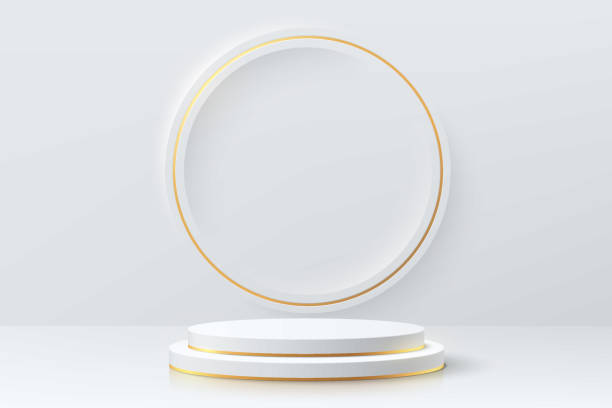 istock Realistic white cylinder pedestal podium with golden circle ring on the wall. Vector abstract studio room with 3D geometric forms. Luxury minimal scene for mockup products showcase, Promotion display. 1394545168