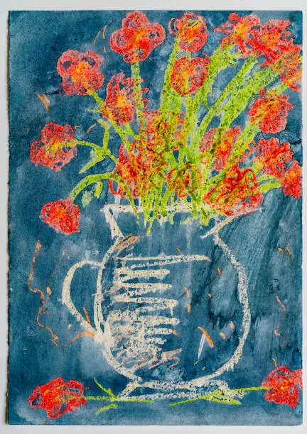 Photo of Colorful drawing - flowers in a vase in spring