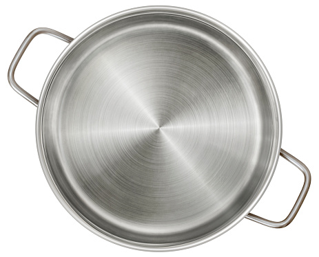 Studio Shot of large vintage Stainless Steel Casserole, Isolated on White Background.