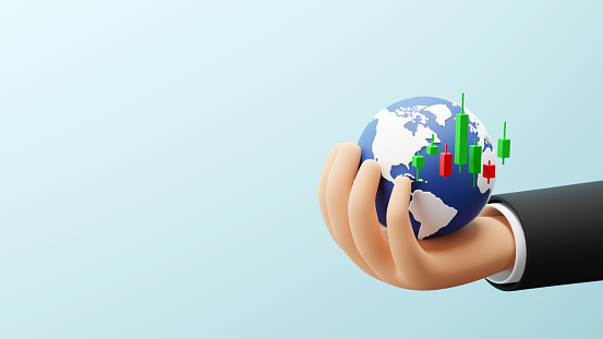Investment concept design of business hand holding global with candlestick chart 3D render
