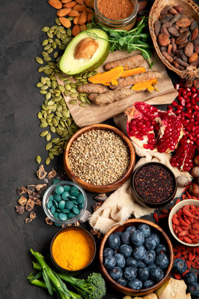 istock Healthy food clean eating selection on dark background. 1394553278