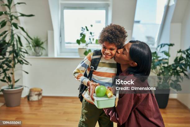 Mother Kissing Her Son Who Is Going To School Stock Photo - Download Image Now - Back to School, Child, Lunch Box