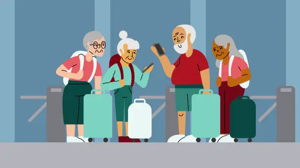 Vector illustration of A Multiracial Group of Senior Friends Travel Together in Subway Train Station